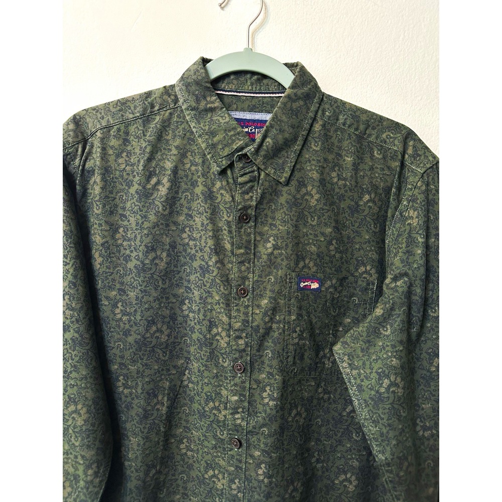 US Polo Assn Mens Shirt Large Olive Green Floral Paisley Long Sleeve Button Up